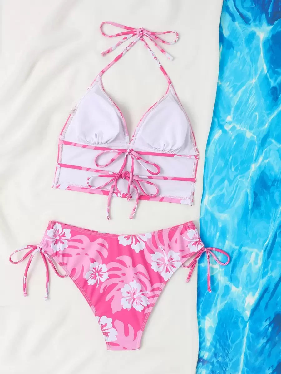 Dantelli Çiçek Desenli Düğümlü Tankini Takımı