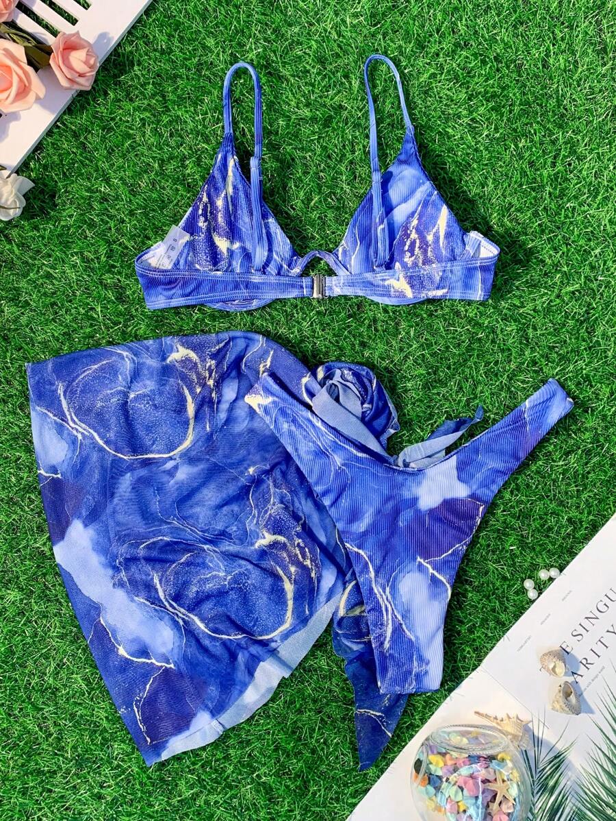 Mermer Desenli Düğümlü Bohem Bikini Takımı