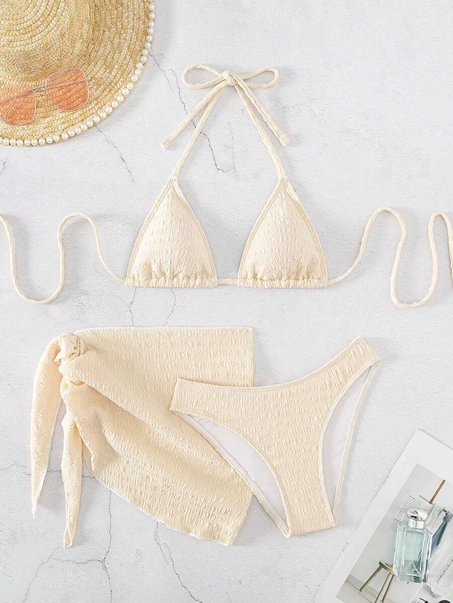 3 Parça Bikini Ve Düğümlü Mini Etek Takımı