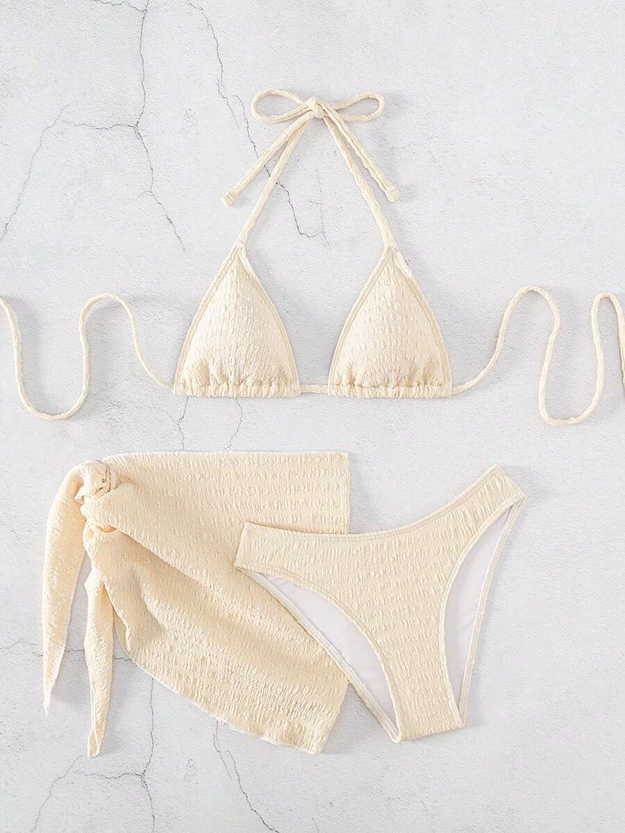 3 Parça Bikini Ve Düğümlü Mini Etek Takımı