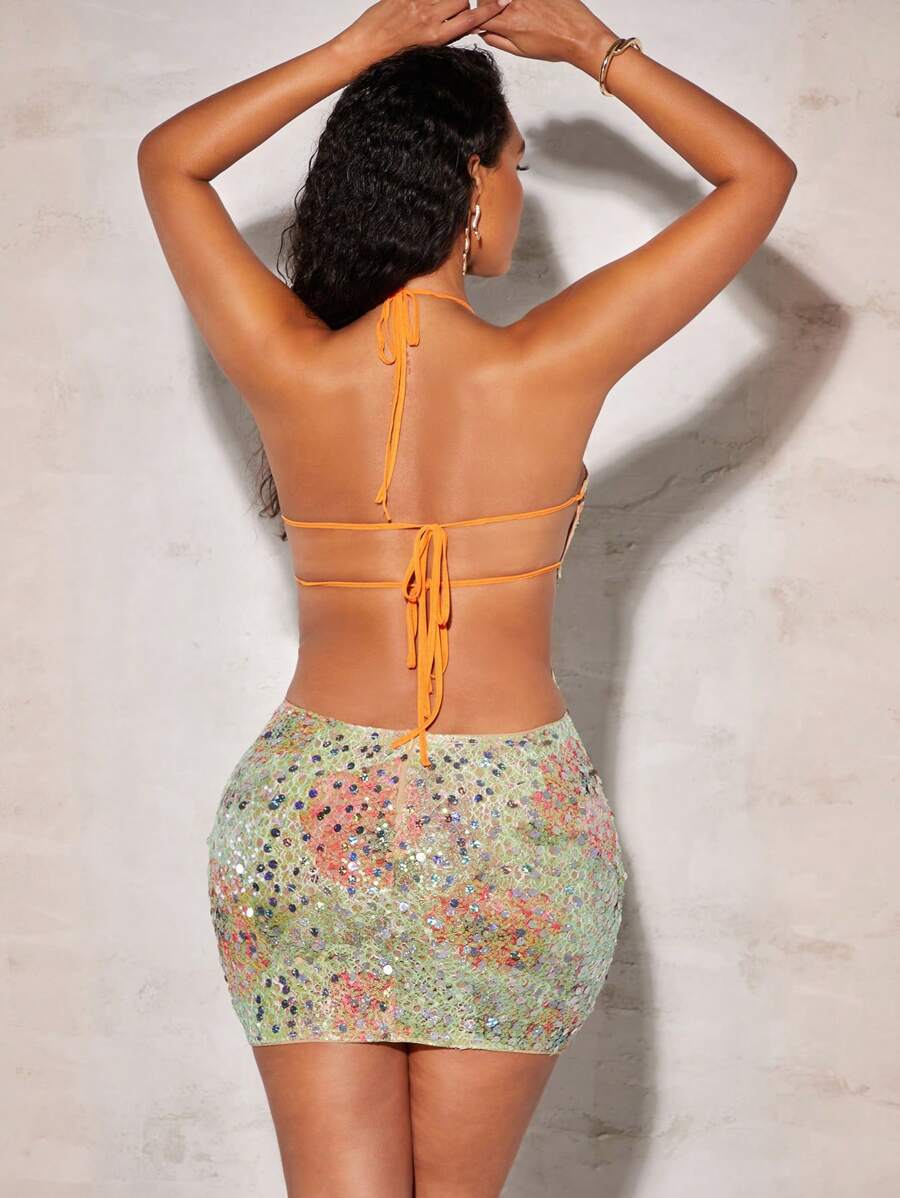 Raisa Işıltılı Çiçekli Halter Mini