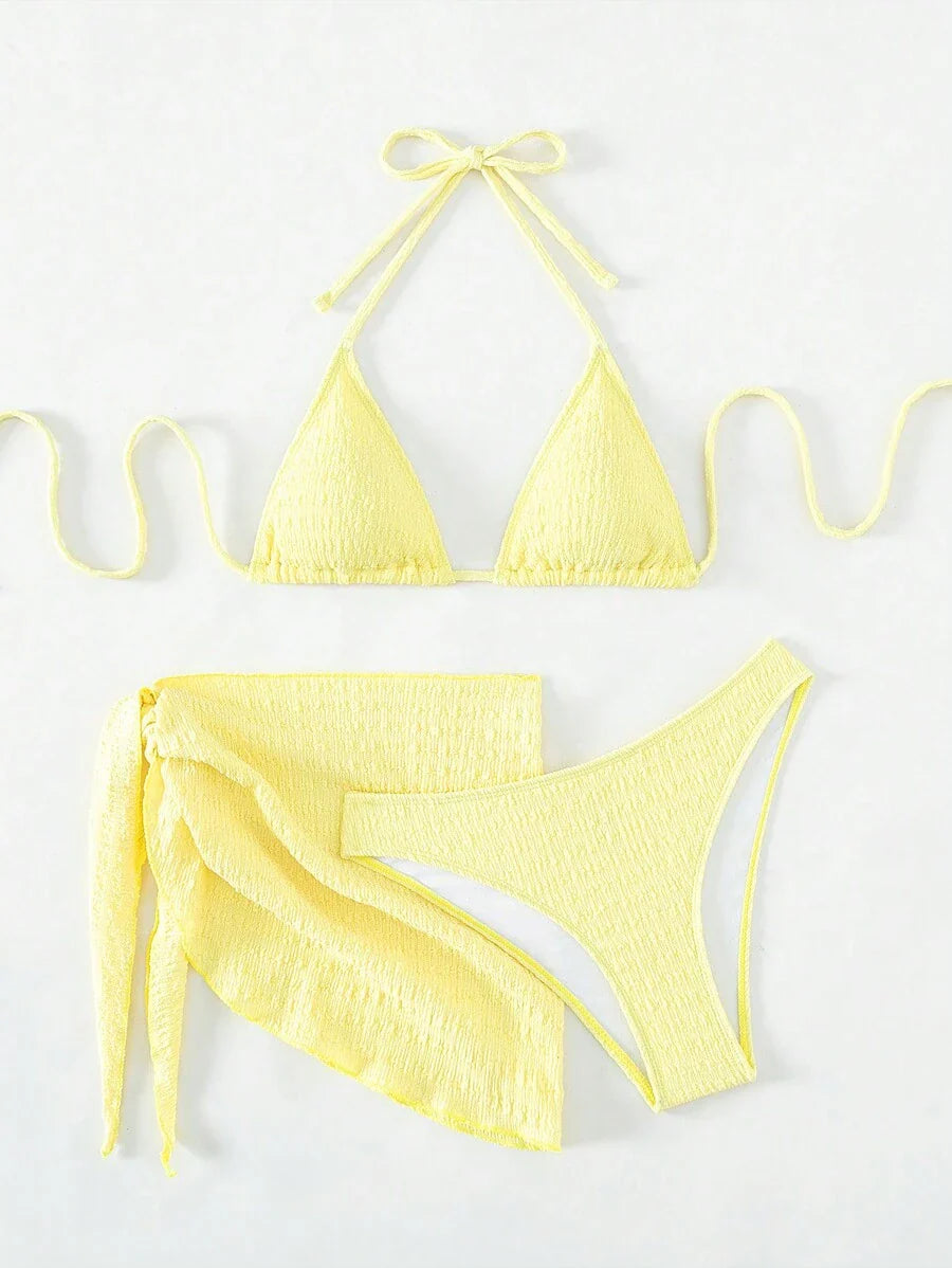 3 Parça Bikini Ve Düğümlü Mini Etek Takımı