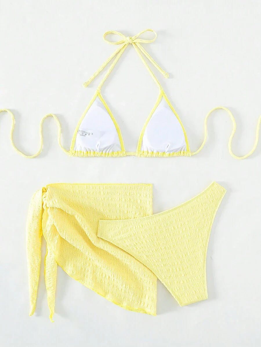 3 Parça Bikini Ve Düğümlü Mini Etek Takımı