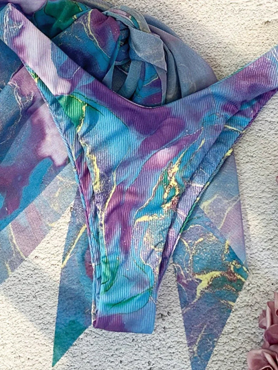 Mermer Desenli Düğümlü Bohem Bikini Takımı
