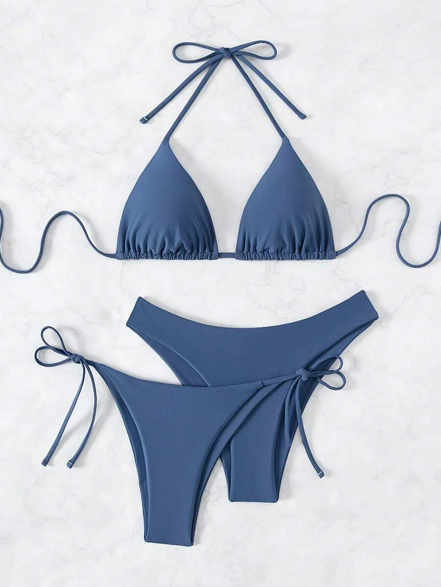 3 Parça Halter Üst + Üçgen Alt + Bağcıklı Şort Bikini Takımı