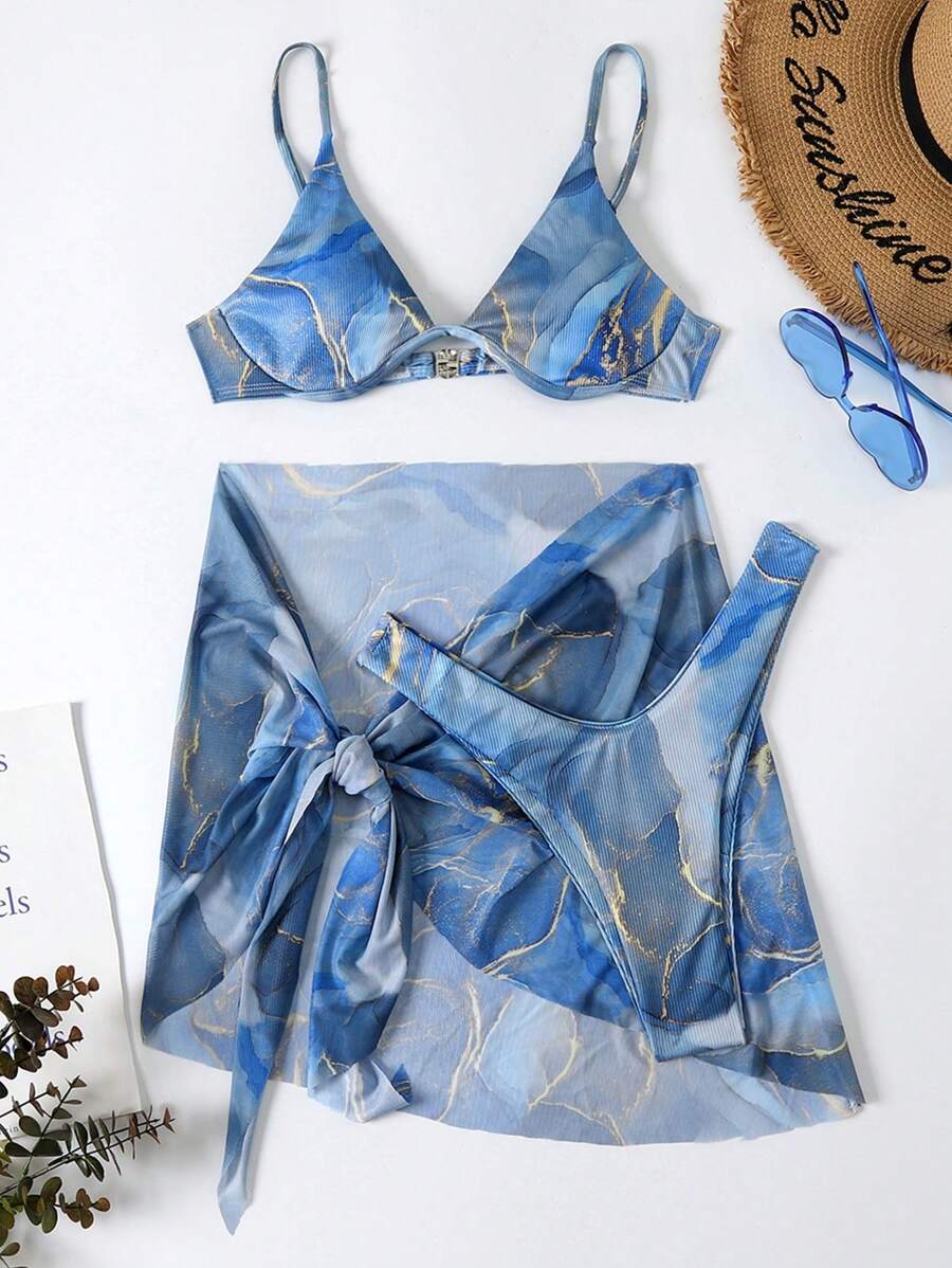 Mermer Desenli Düğümlü Bohem Bikini Takımı