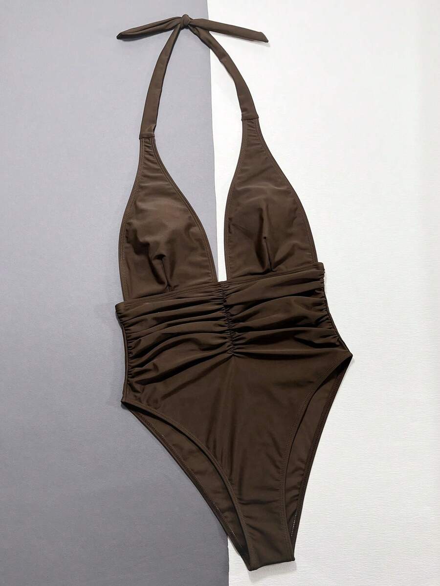 Halter Yaka Sade Tek Parça Mayo