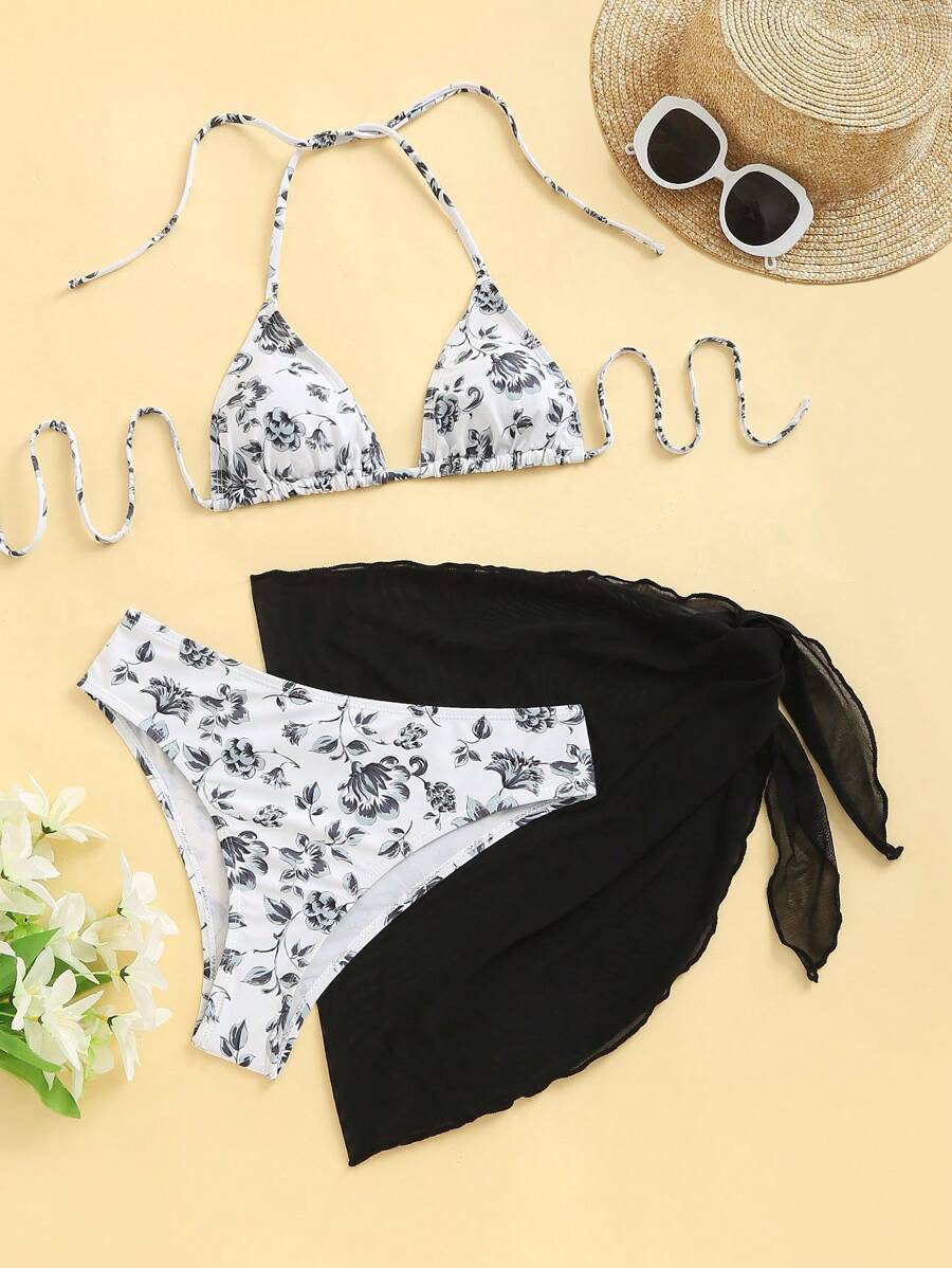 Düğüm Detaylı Çiçek Desenli Bikini Takımı
