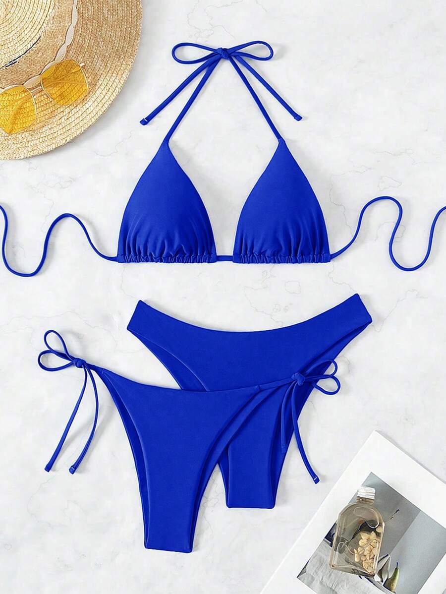 3 Parça Halter Üst + Üçgen Alt + Bağcıklı Şort Bikini Takımı