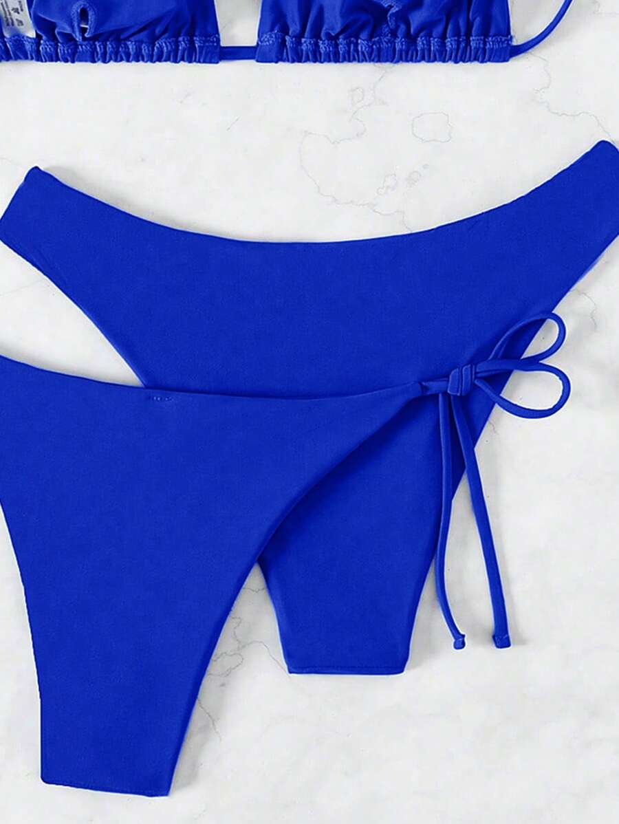 3 Parça Halter Üst + Üçgen Alt + Bağcıklı Şort Bikini Takımı