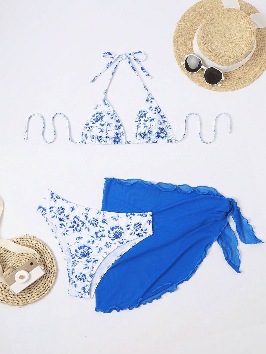 Düğüm Detaylı Çiçek Desenli Bikini Takımı