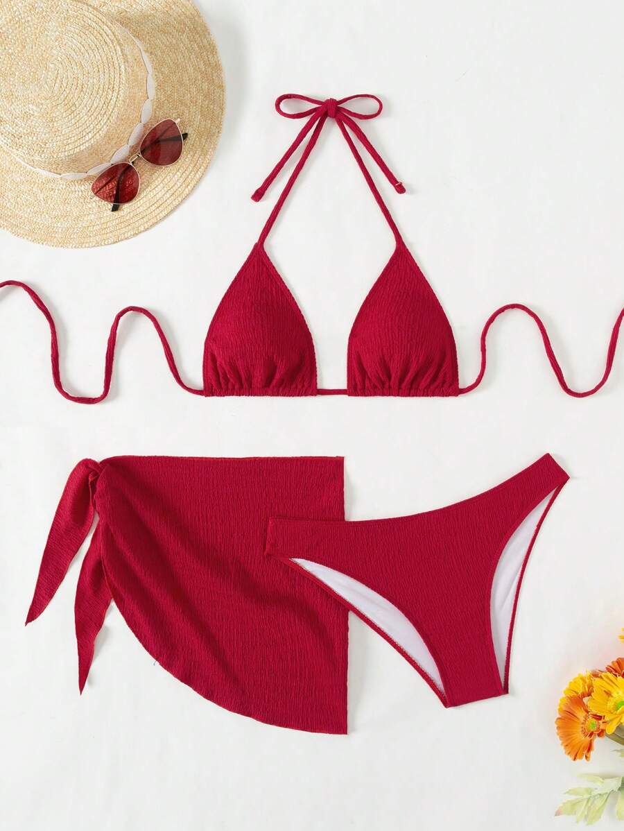 3 Parça Bikini Ve Düğümlü Mini Etek Takımı