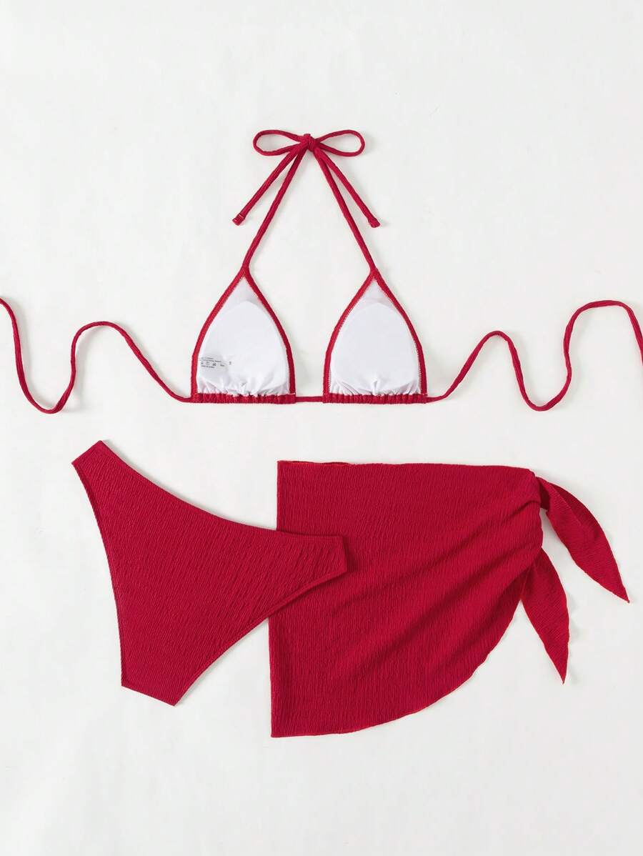 3 Parça Bikini Ve Düğümlü Mini Etek Takımı