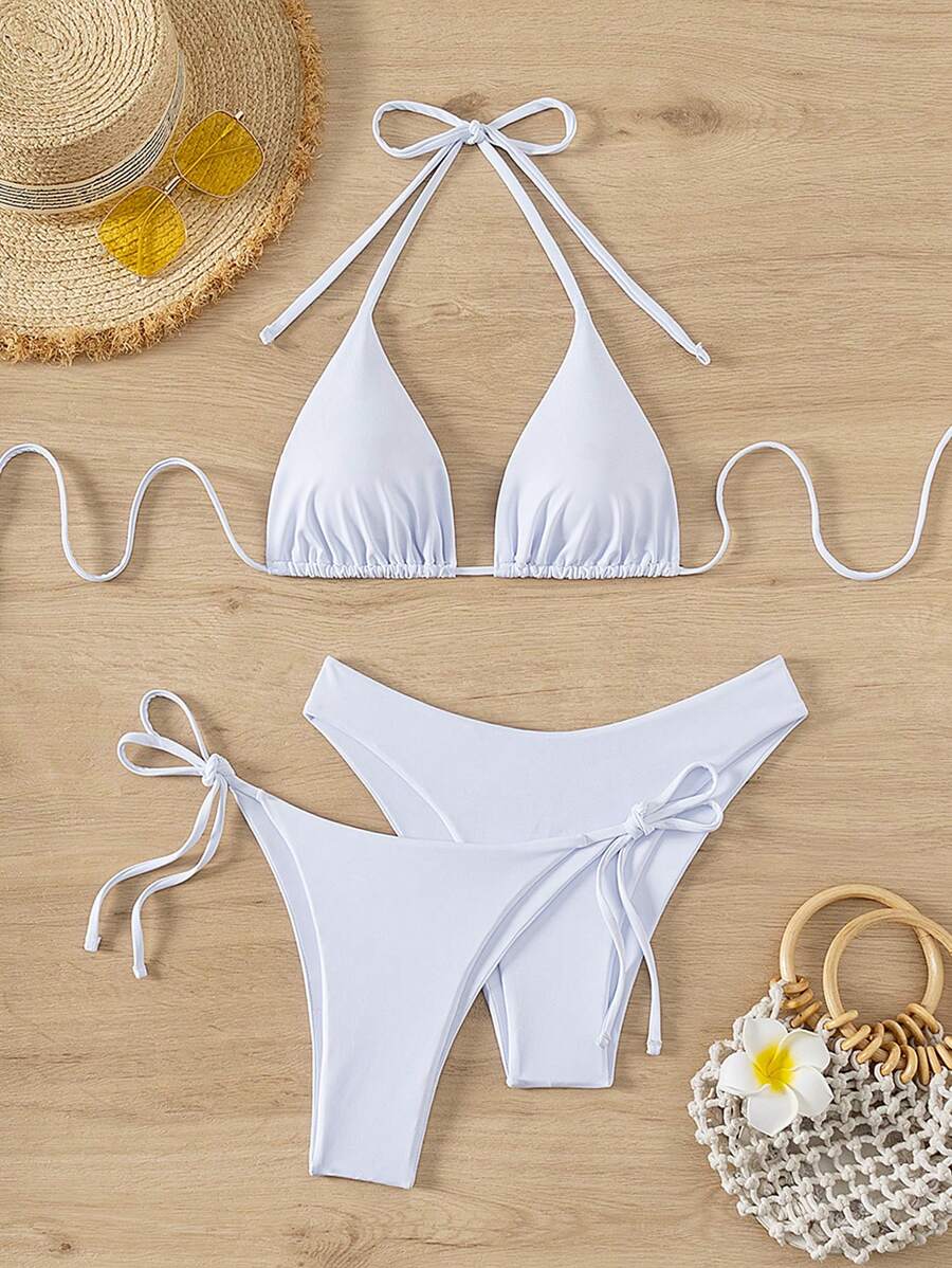 3 Parça Halter Üst + Üçgen Alt + Bağcıklı Şort Bikini Takımı