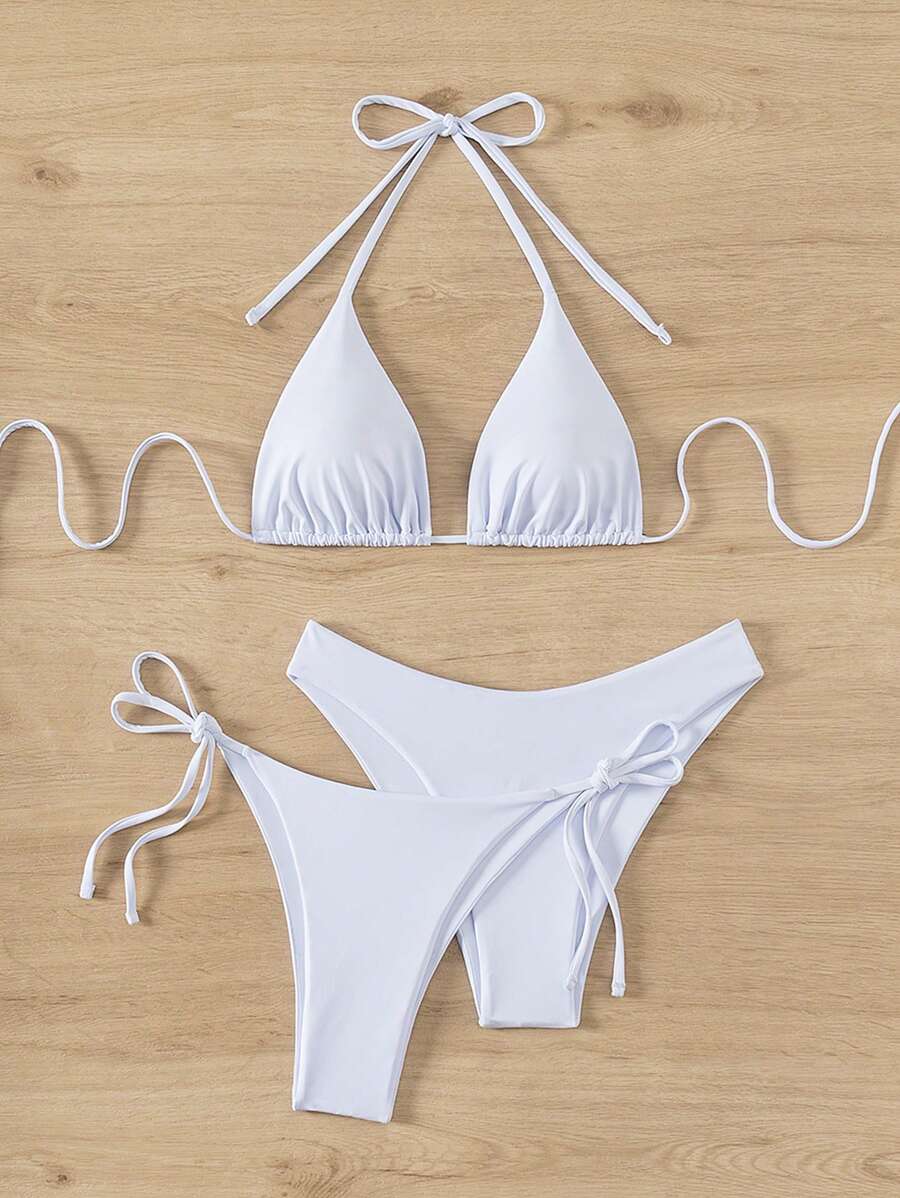 3 Parça Halter Üst + Üçgen Alt + Bağcıklı Şort Bikini Takımı