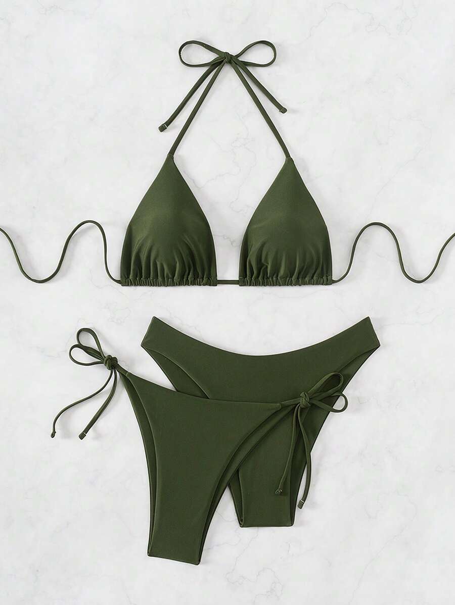 3 Parça Halter Üst + Üçgen Alt + Bağcıklı Şort Bikini Takımı