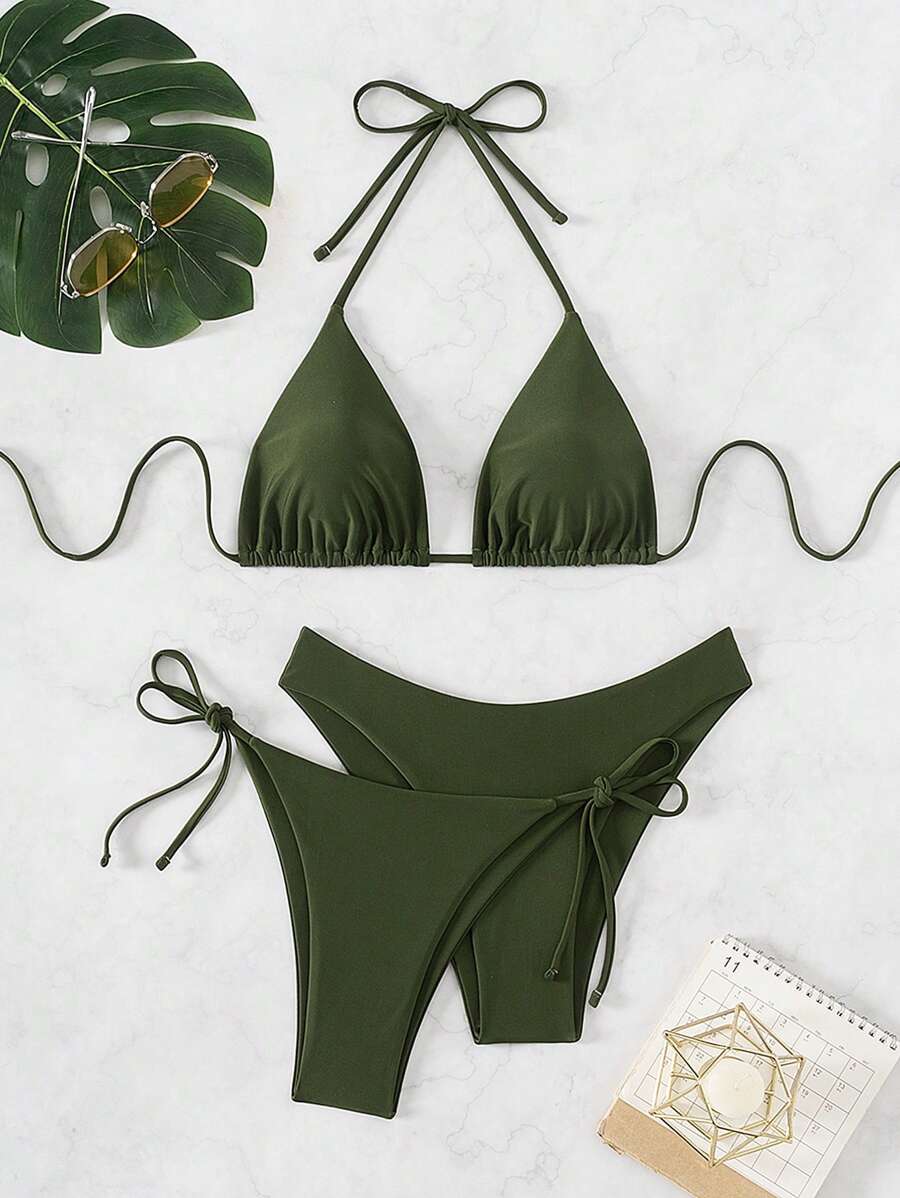 3 Parça Halter Üst + Üçgen Alt + Bağcıklı Şort Bikini Takımı