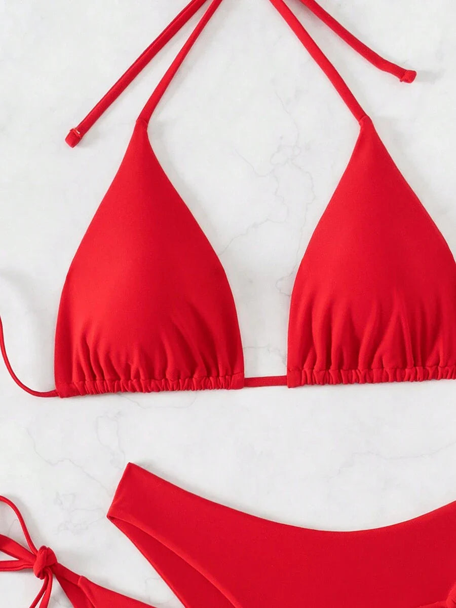 3 Parça Halter Üst + Üçgen Alt + Bağcıklı Şort Bikini Takımı