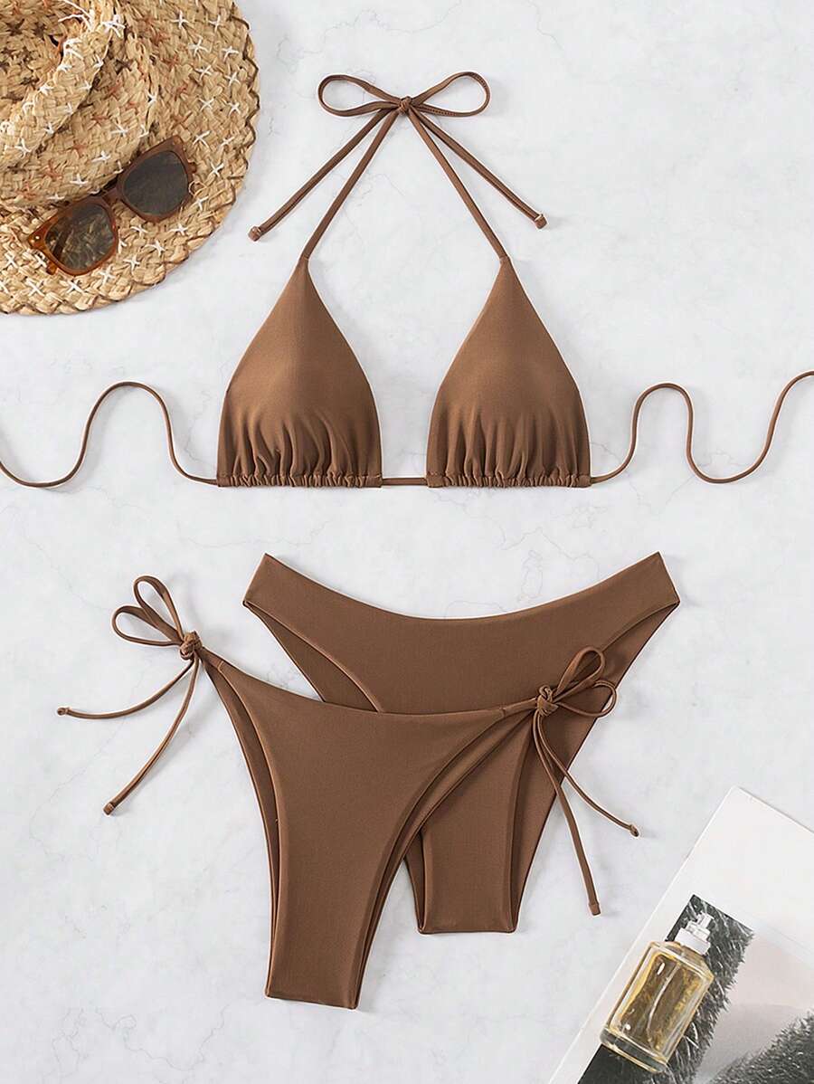 3 Parça Halter Üst + Üçgen Alt + Bağcıklı Şort Bikini Takımı