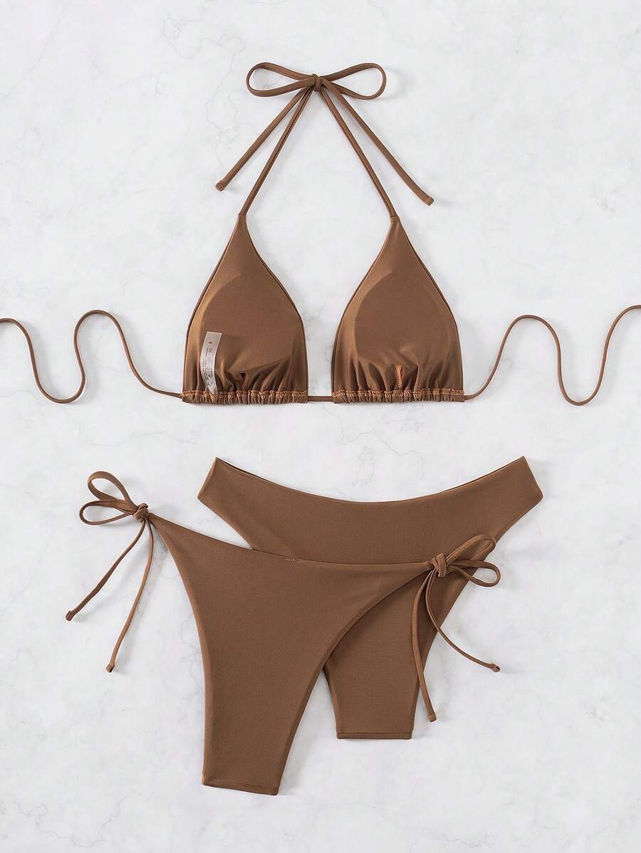 3 Parça Halter Üst + Üçgen Alt + Bağcıklı Şort Bikini Takımı