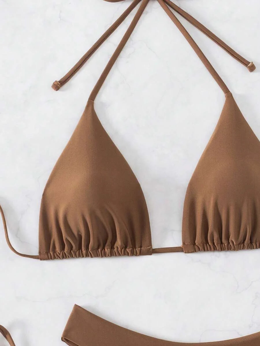 3 Parça Halter Üst + Üçgen Alt + Bağcıklı Şort Bikini Takımı