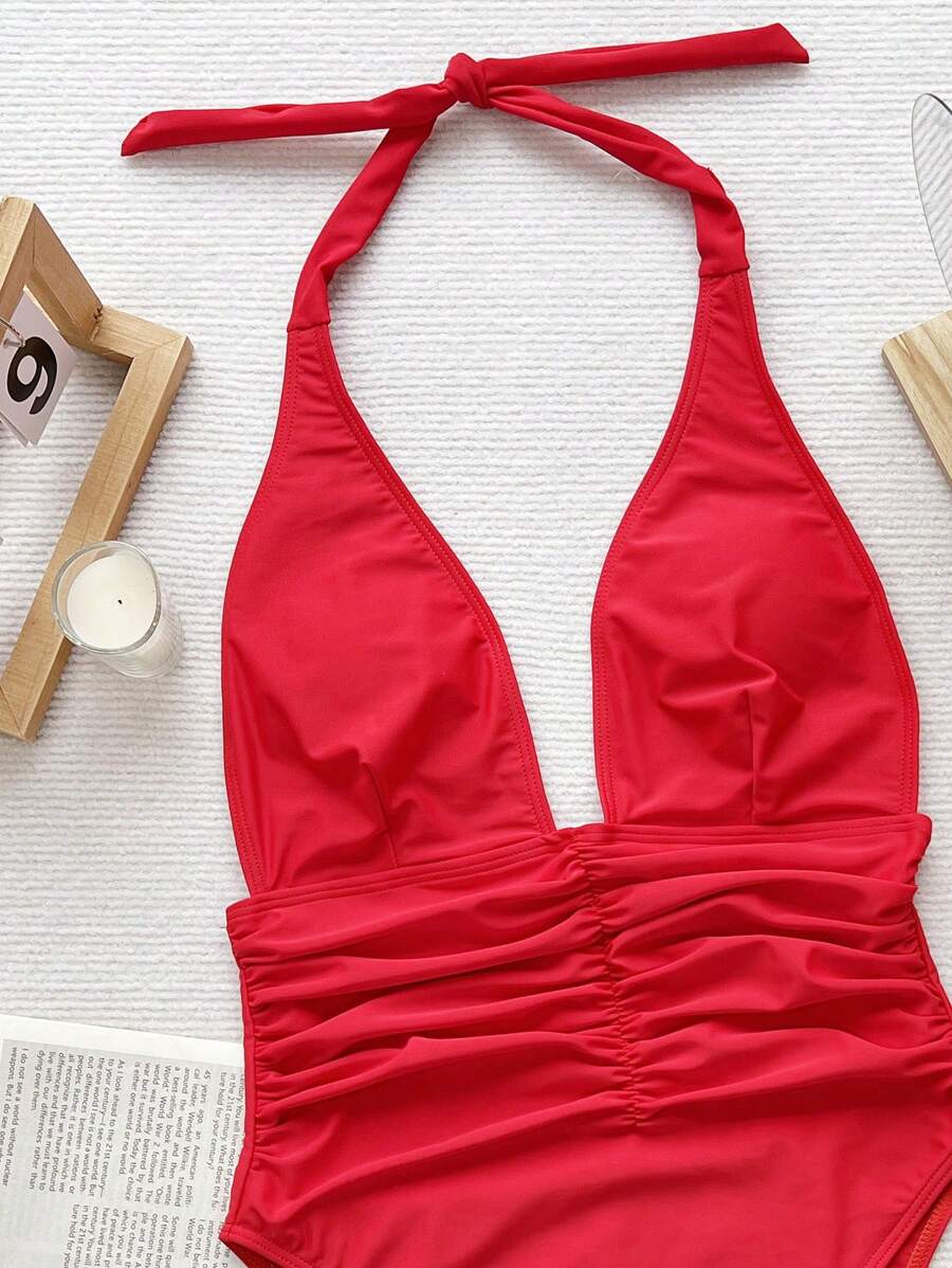 Halter Yaka Sade Tek Parça Mayo