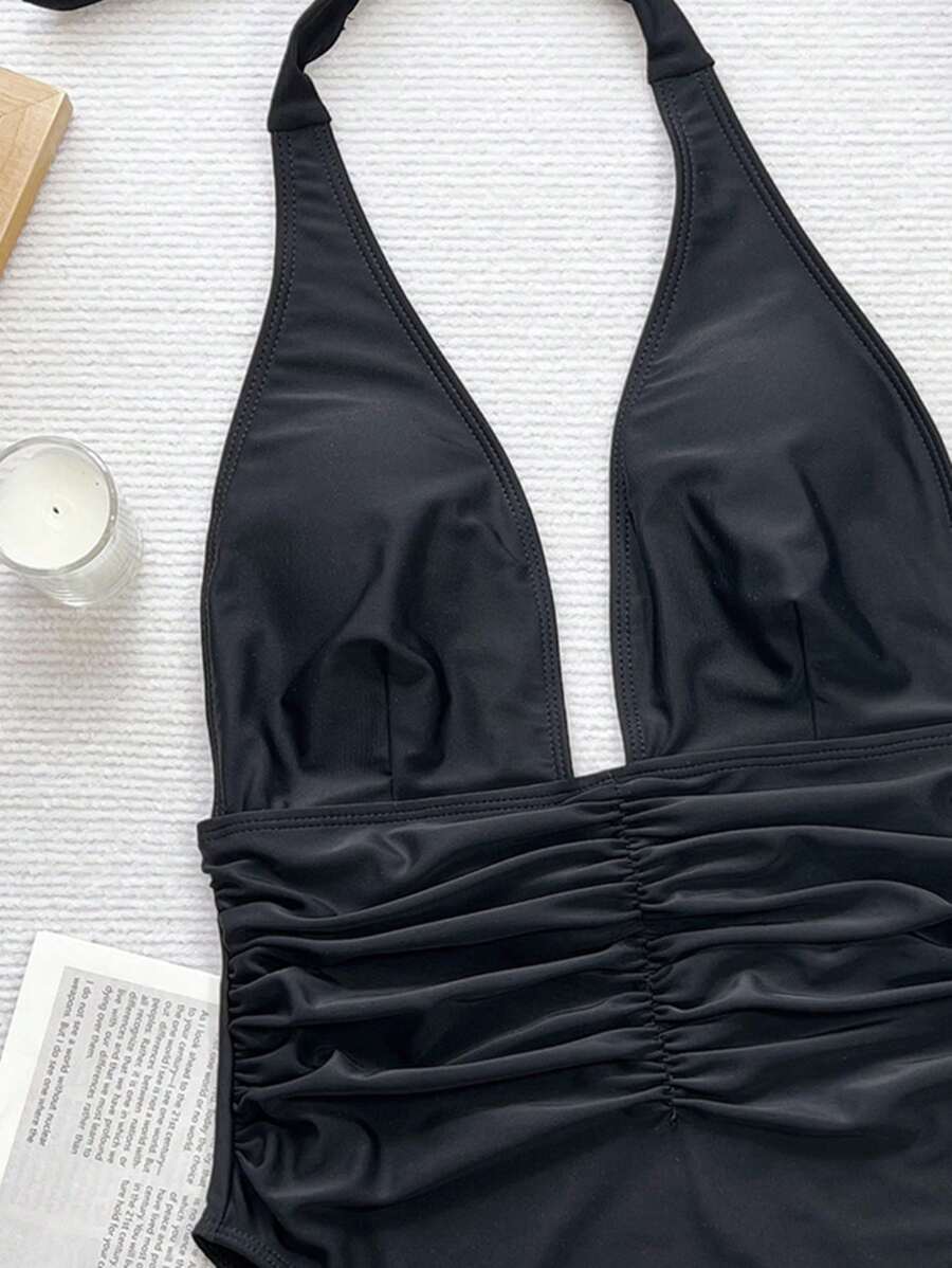 Halter Yaka Sade Tek Parça Mayo
