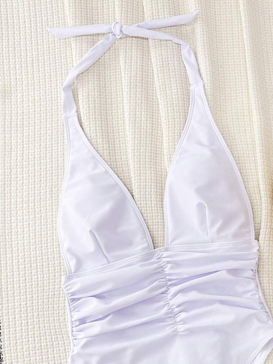 Halter Yaka Sade Tek Parça Mayo