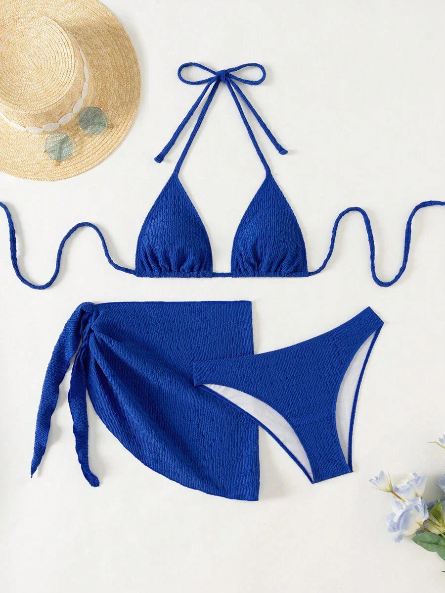 3 Parça Bikini Ve Düğümlü Mini Etek Takımı