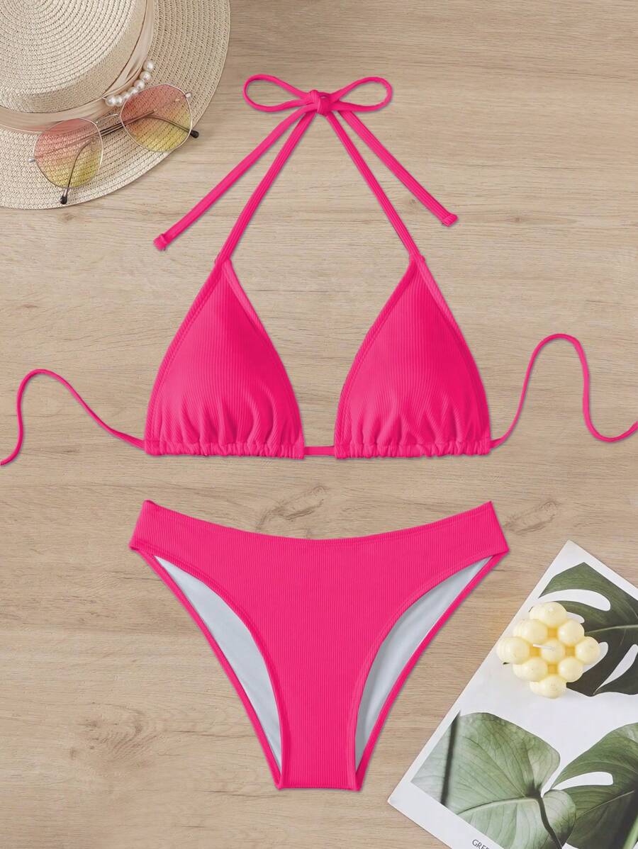 Çiçek Desenli Halter Bağcıklı Bikini Takımı