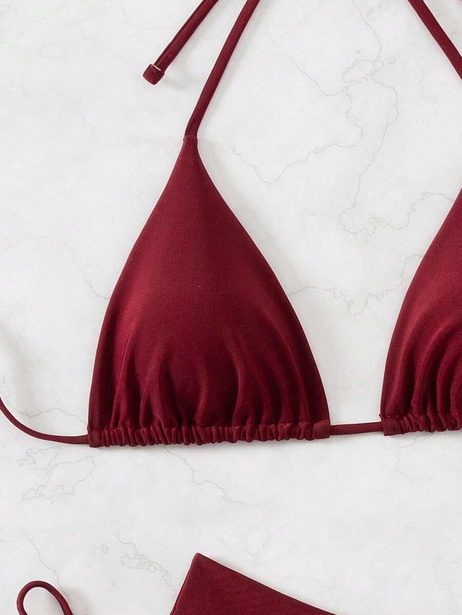 3 Parça Halter Üst + Üçgen Alt + Bağcıklı Şort Bikini Takımı