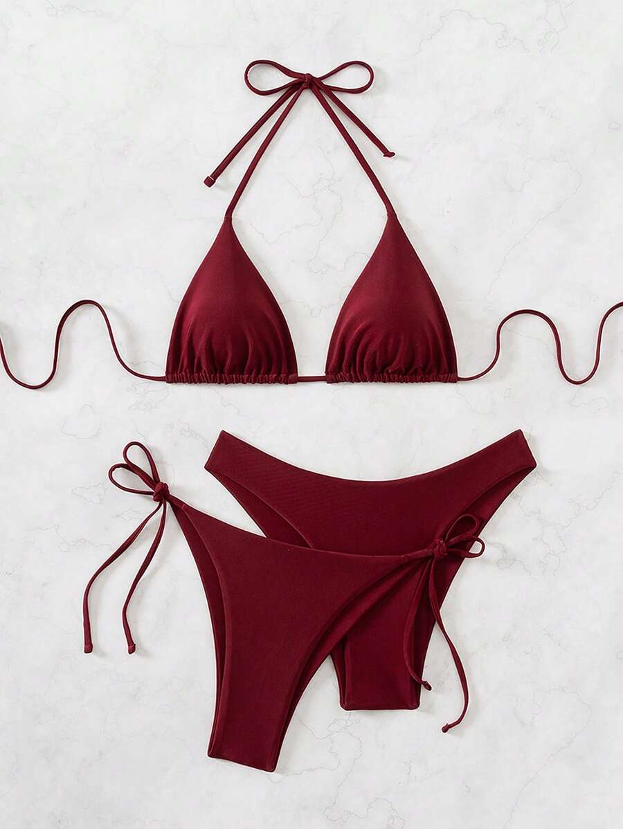 3 Parça Halter Üst + Üçgen Alt + Bağcıklı Şort Bikini Takımı