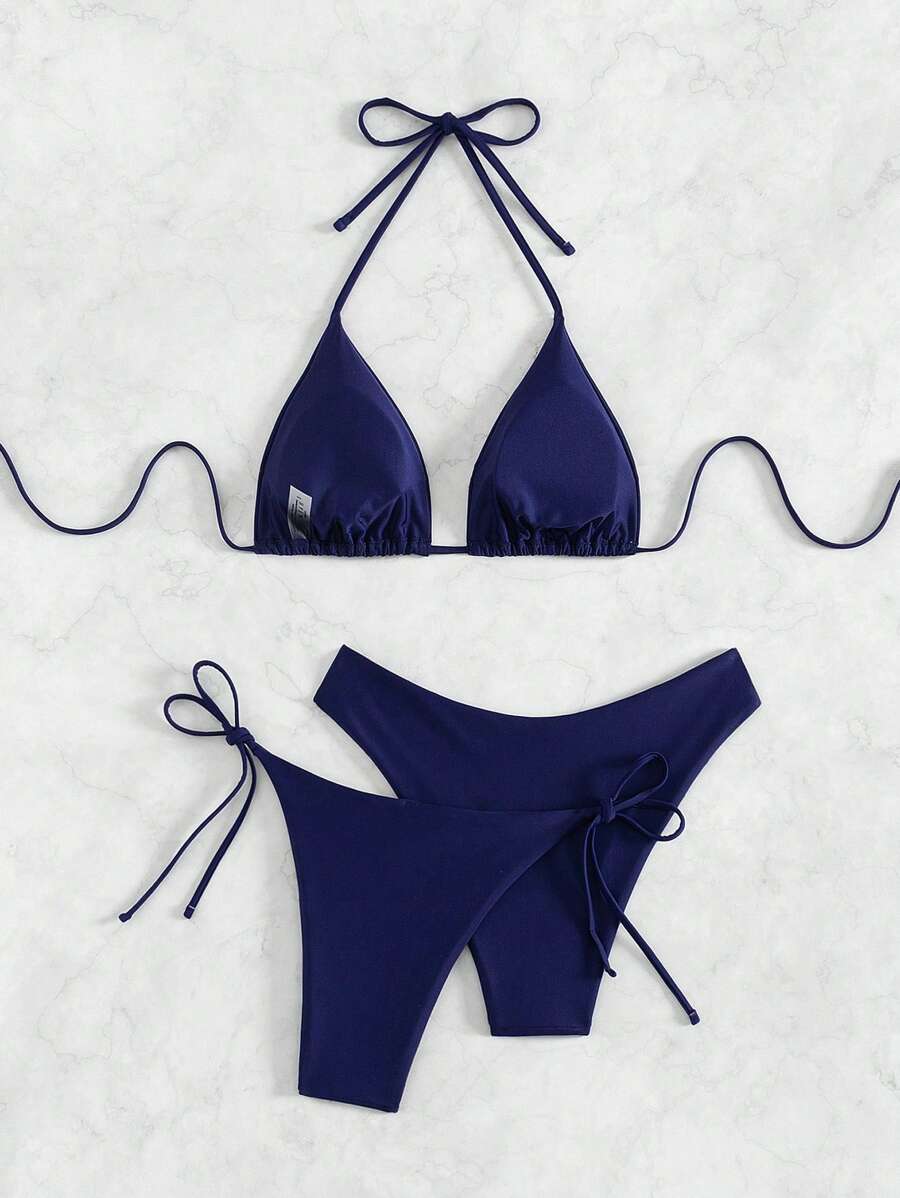 3 Parça Halter Üst + Üçgen Alt + Bağcıklı Şort Bikini Takımı
