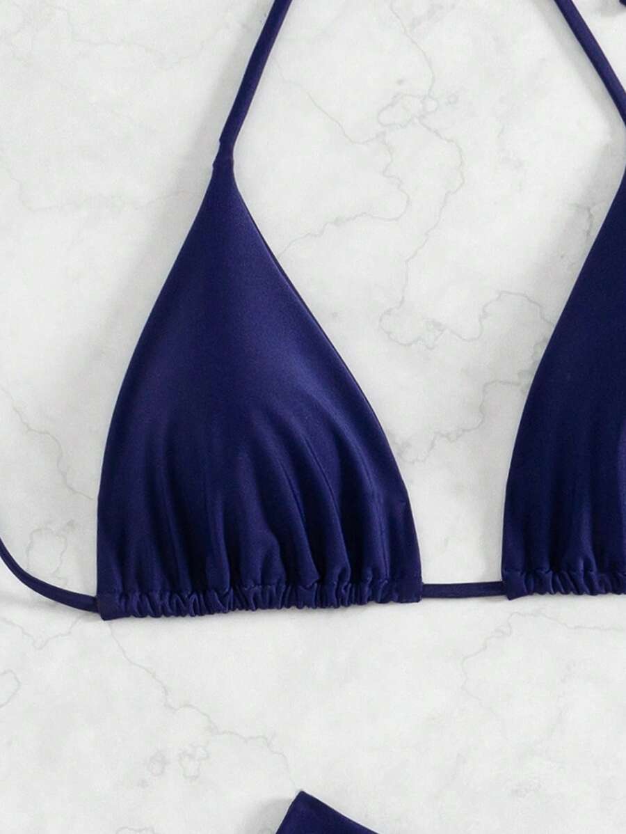 3 Parça Halter Üst + Üçgen Alt + Bağcıklı Şort Bikini Takımı