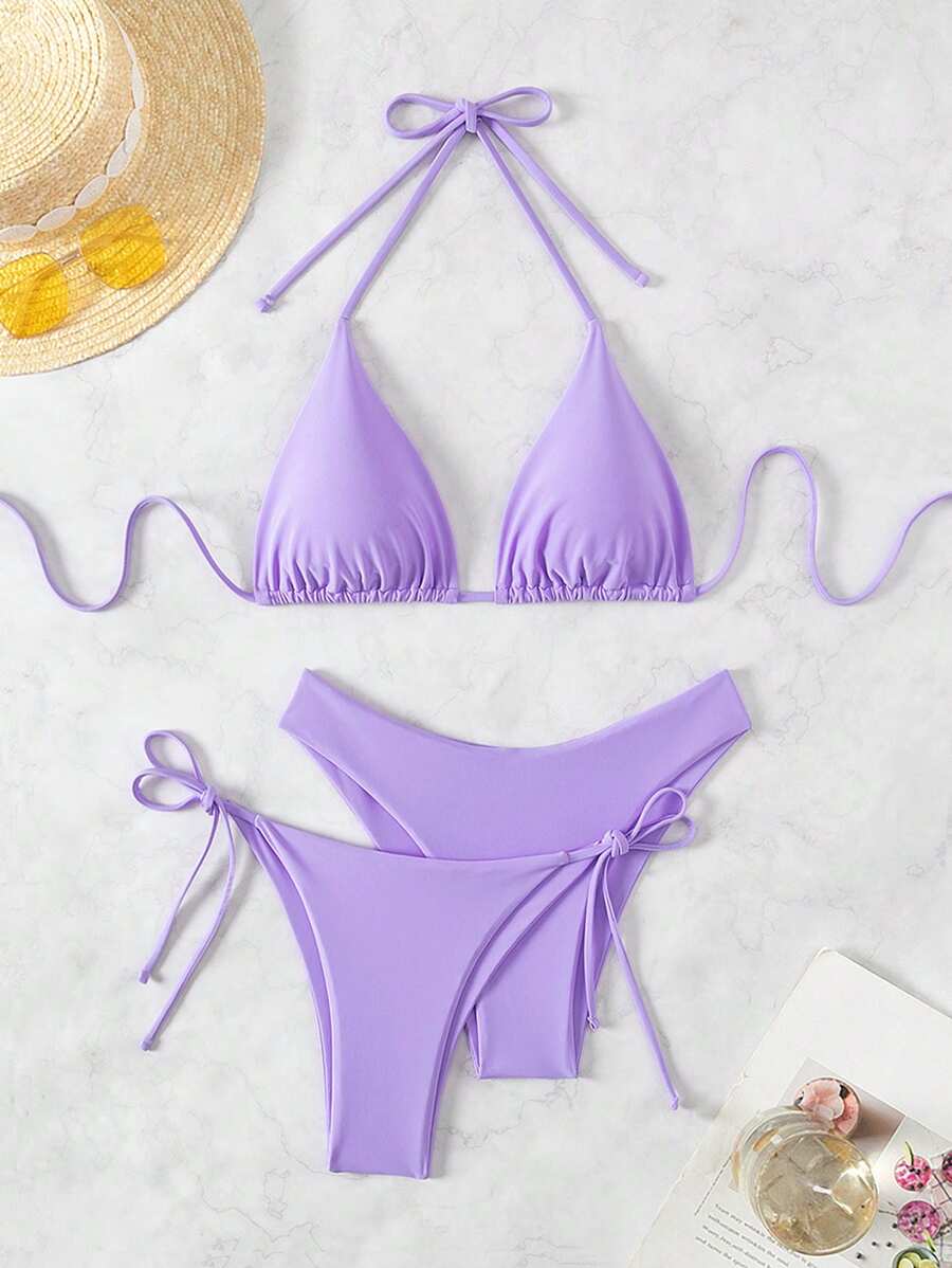 3 Parça Halter Üst + Üçgen Alt + Bağcıklı Şort Bikini Takımı