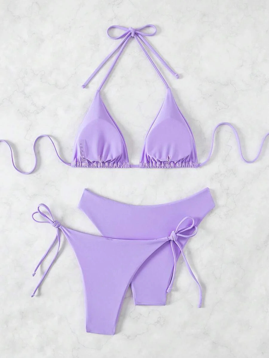 3 Parça Halter Üst + Üçgen Alt + Bağcıklı Şort Bikini Takımı