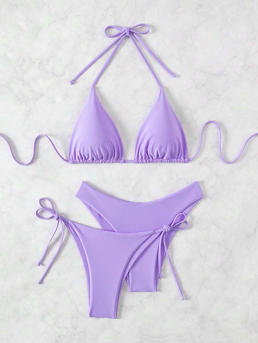 3 Parça Halter Üst + Üçgen Alt + Bağcıklı Şort Bikini Takımı
