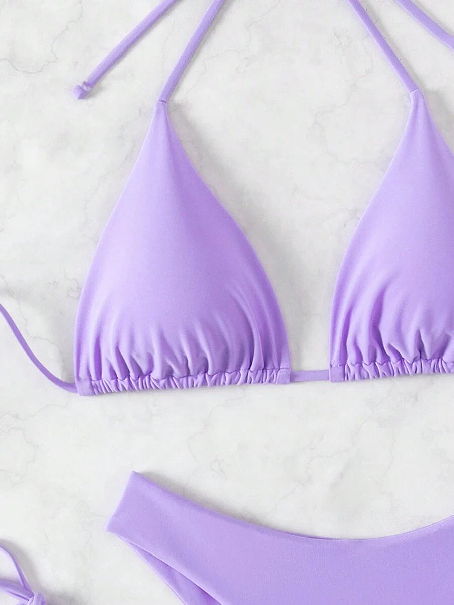 3 Parça Halter Üst + Üçgen Alt + Bağcıklı Şort Bikini Takımı