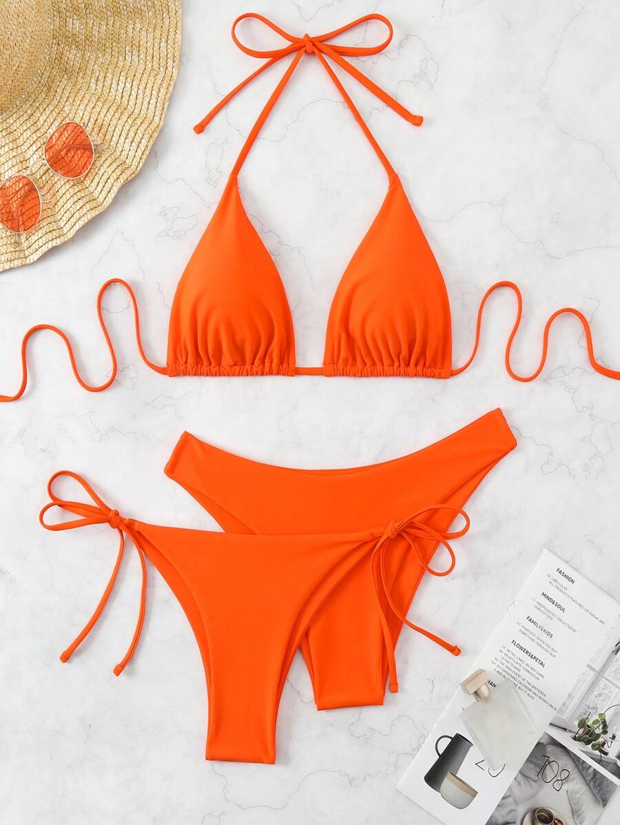 3 Parça Halter Üst + Üçgen Alt + Bağcıklı Şort Bikini Takımı