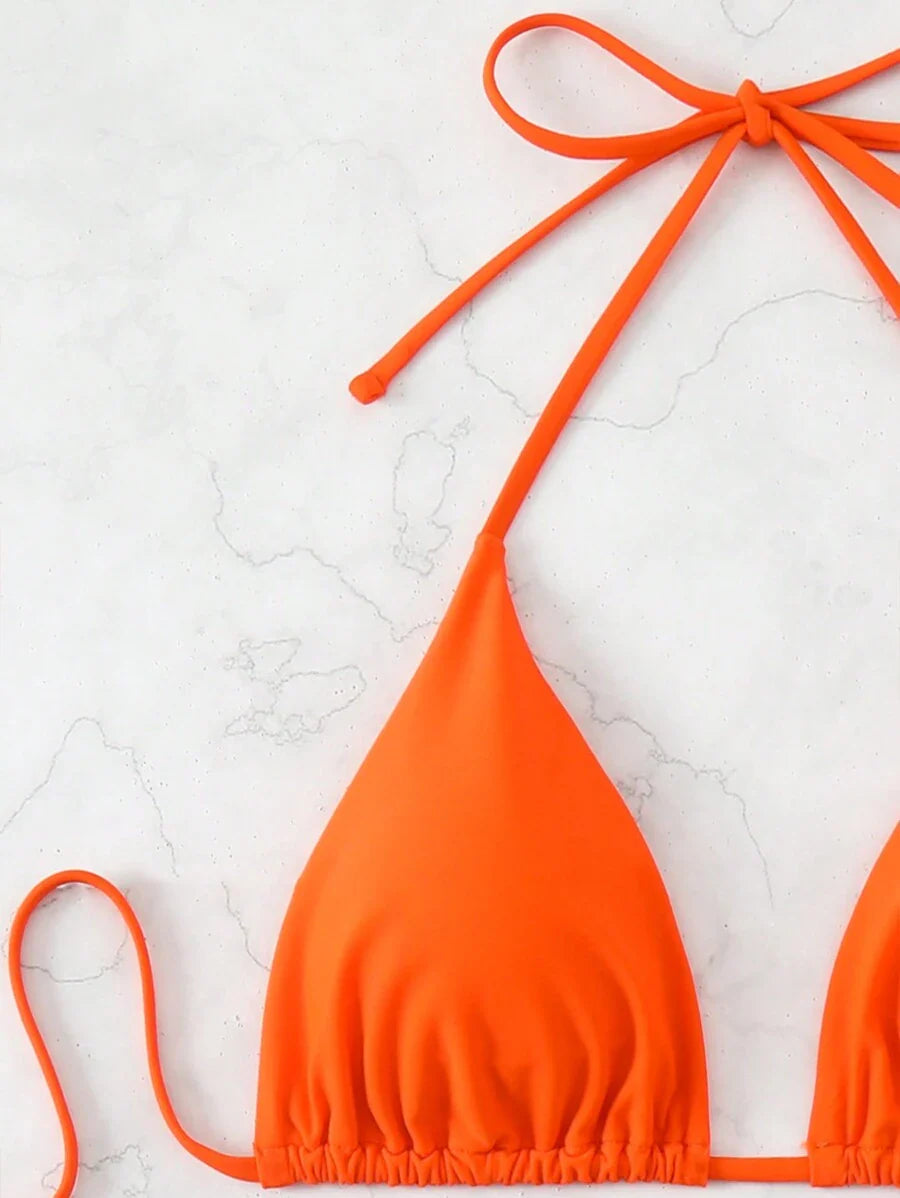 3 Parça Halter Üst + Üçgen Alt + Bağcıklı Şort Bikini Takımı