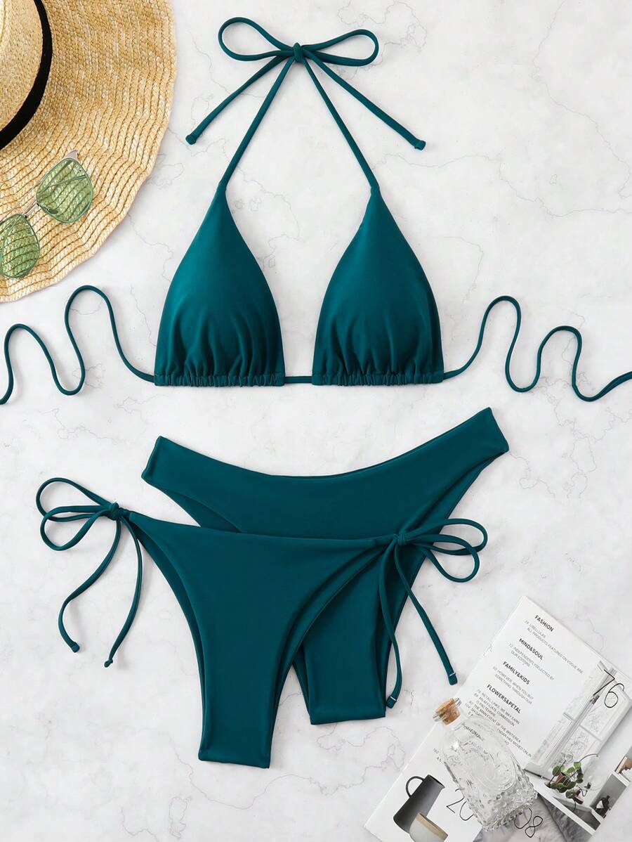 3 Parça Halter Üst + Üçgen Alt + Bağcıklı Şort Bikini Takımı