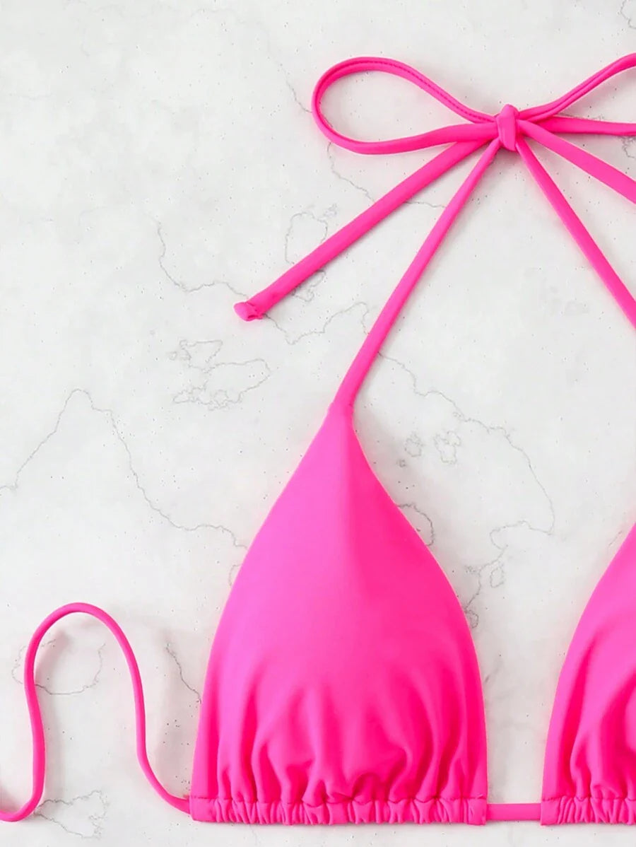 3 Parça Halter Üst + Üçgen Alt + Bağcıklı Şort Bikini Takımı