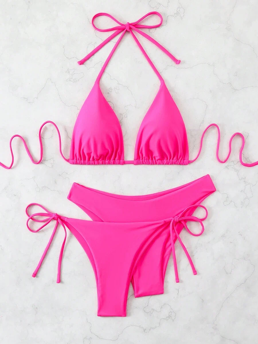 3 Parça Halter Üst + Üçgen Alt + Bağcıklı Şort Bikini Takımı
