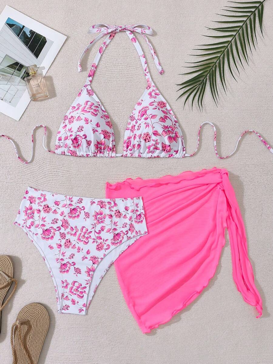 Büyük Beden Boyundan Bağlamalı Baskılı Bikini Takımı