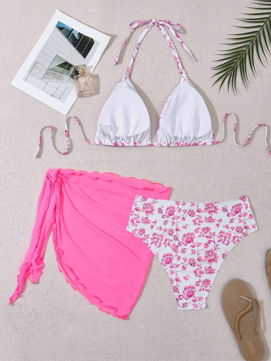 Büyük Beden Boyundan Bağlamalı Baskılı Bikini Takımı