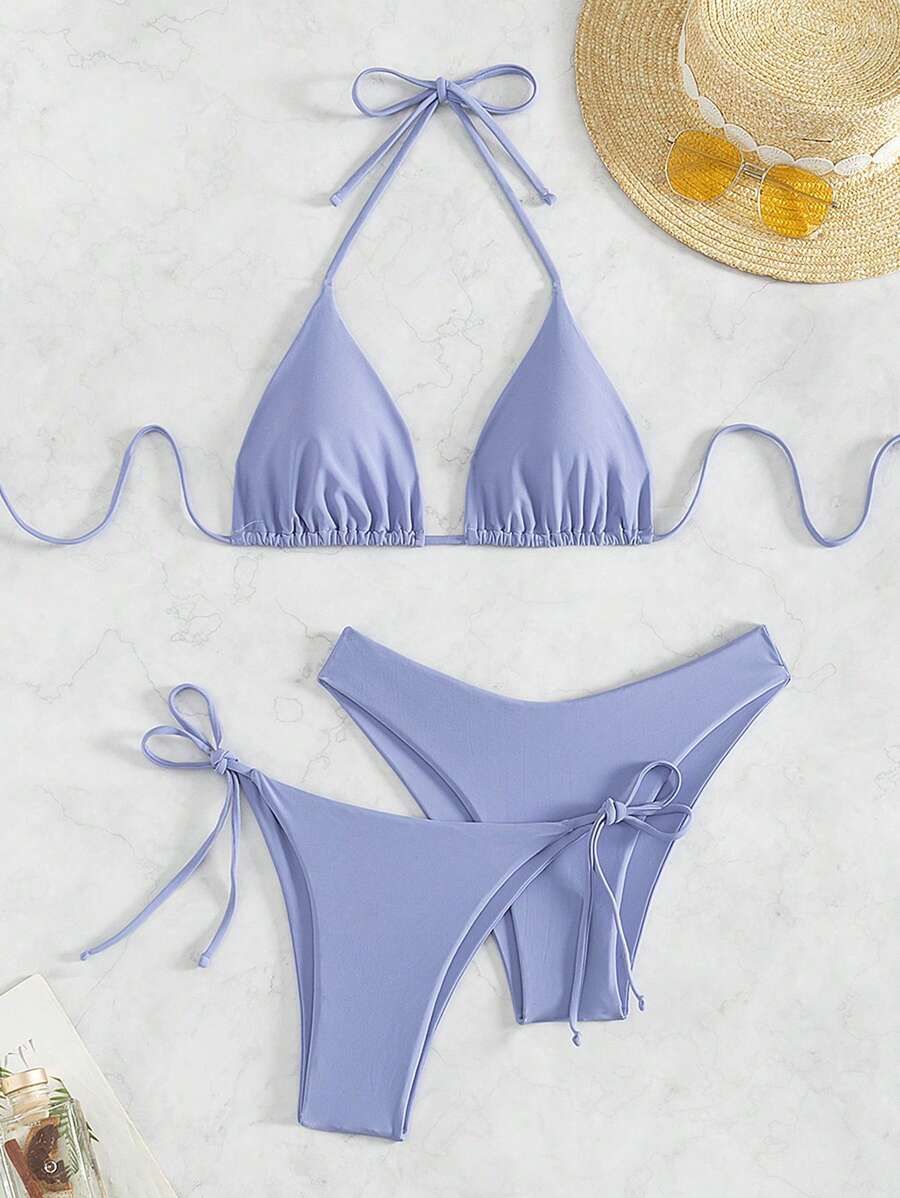 3 Parça Halter Üst + Üçgen Alt + Bağcıklı Şort Bikini Takımı