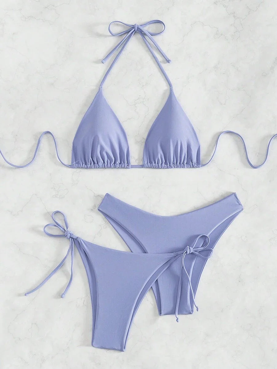 3 Parça Halter Üst + Üçgen Alt + Bağcıklı Şort Bikini Takımı