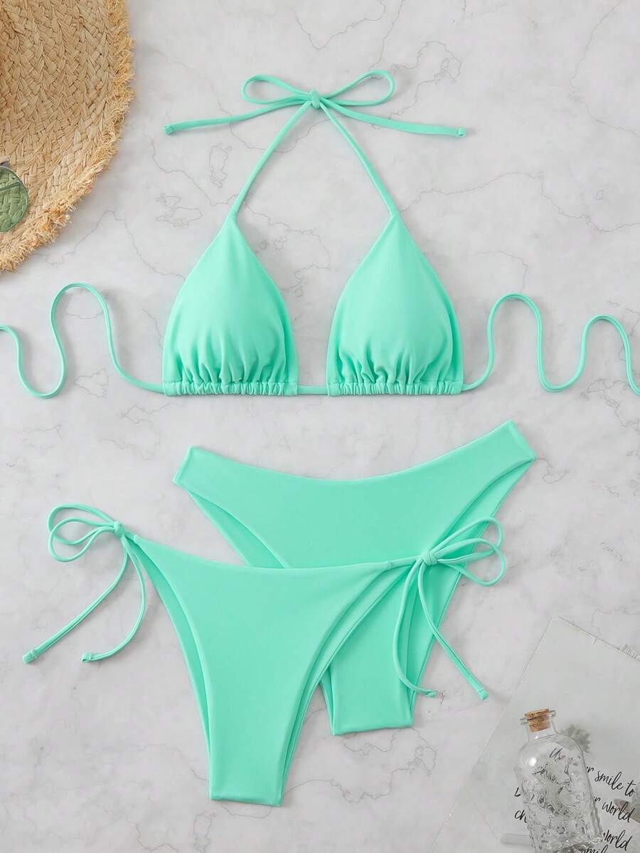 3 Parça Halter Üst + Üçgen Alt + Bağcıklı Şort Bikini Takımı