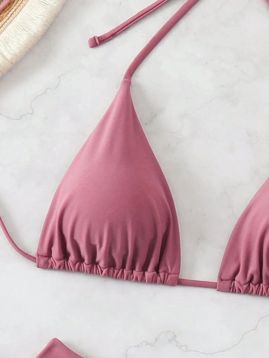 3 Parça Halter Üst + Üçgen Alt + Bağcıklı Şort Bikini Takımı
