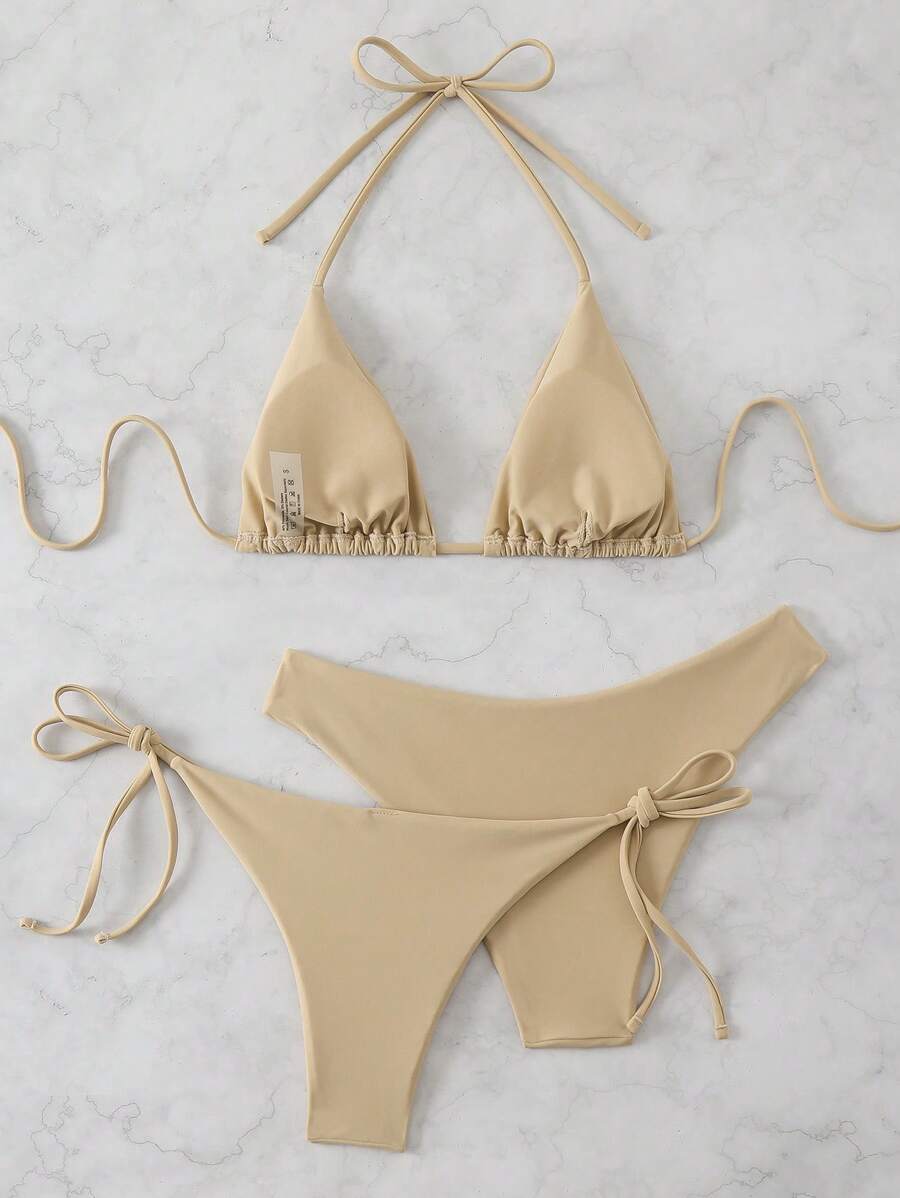 3 Parça Halter Üst + Üçgen Alt + Bağcıklı Şort Bikini Takımı